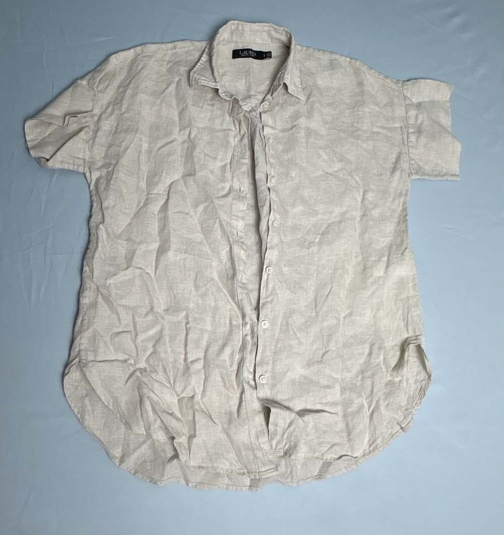 Lauren Ralph Lauren Women's Beige 100% Linen Short Sleeve Button-Up Shirt SP